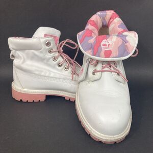 Timberland-Women's 6-White Leather + Pink & Purple Camo-Ankle Boots 29904M- 1256